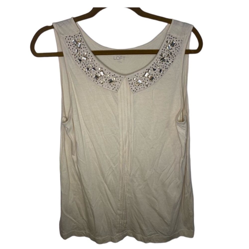 LOFT Cream Jeweled Collar Tank Top Blouse